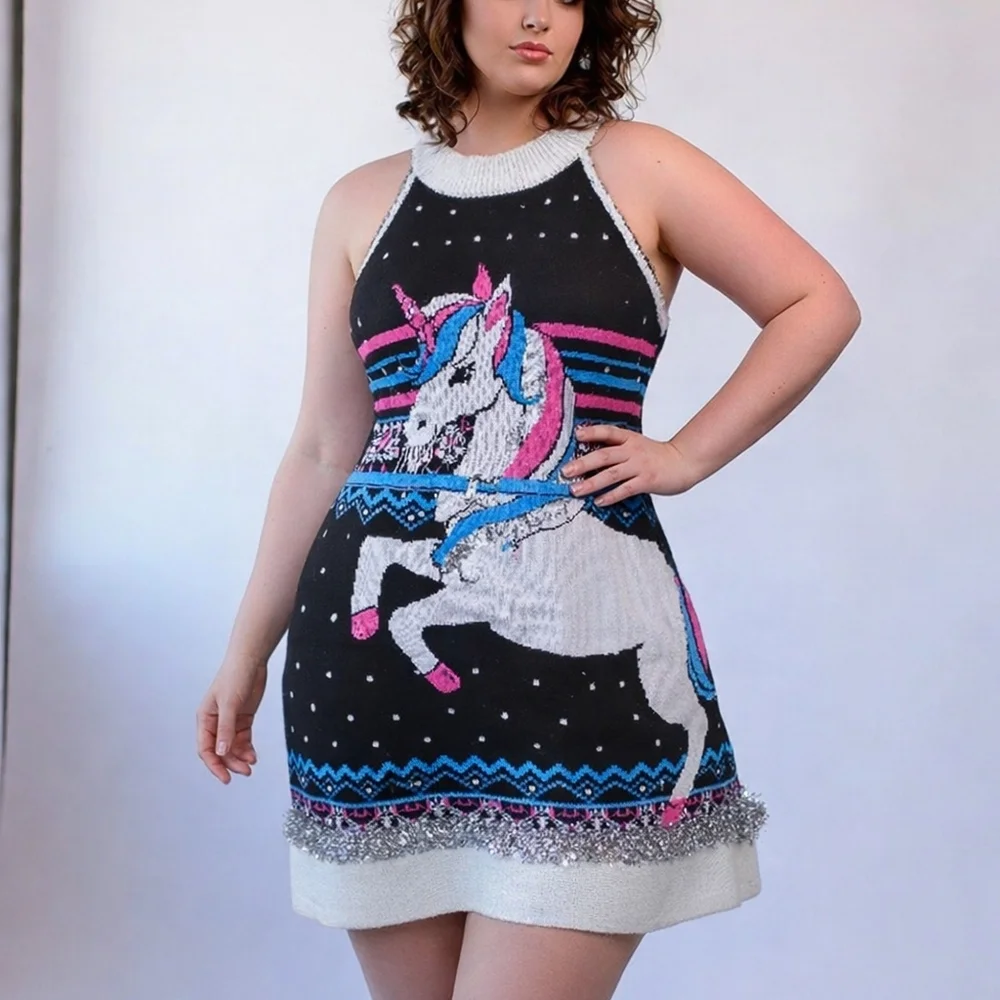 Festive Sweater Ugly Holliday Mini Dress Black Sparkle Sz XXL (19) Soft Stretchy - Picture 1 of 14